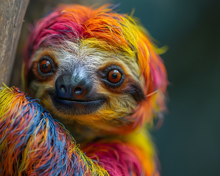 Colorful illustration of bright-eyed sloth perched on branch. Highly detailed. In the picture there is space to enter text. Can be used to make advertisements for environmental conservation campaigns.の素材