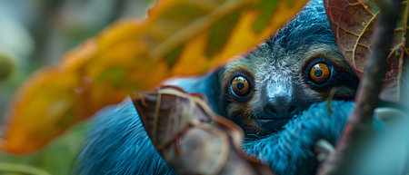 Colorful illustration of bright-eyed sloth perched on branch. Highly detailed. In the picture there is space to enter text. Can be used to make advertisements for environmental conservation campaigns.の素材