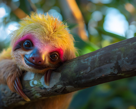Colorful illustration of bright-eyed sloth perched on branch. Highly detailed. In the picture there is space to enter text. Can be used to make advertisements for environmental conservation campaigns.の素材