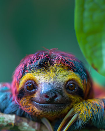 Colorful illustration of bright-eyed sloth perched on branch. Highly detailed. In the picture there is space to enter text. Can be used to make advertisements for environmental conservation campaigns.の素材