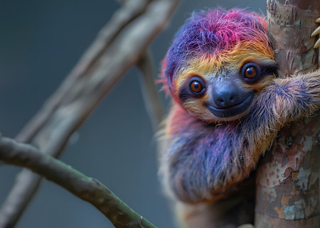 Colorful illustration of bright-eyed sloth perched on branch. Highly detailed. In the picture there is space to enter text. Can be used to make advertisements for environmental conservation campaigns.の素材