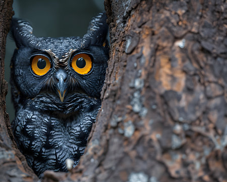 Illustration of a close-up image of an owl's face with big eyes in bright yellow on a tree It can convey wisdom, knowledge, intelligence, mystery,  superstition, nature, forests, wildlife, nighttime.の素材