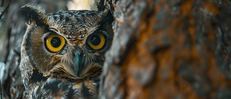 Illustration of a close-up image of an owl's face with big eyes in bright yellow on a tree It can convey wisdom, knowledge, intelligence, mystery,  superstition, nature, forests, wildlife, nighttime.の素材