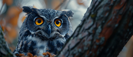 Illustration of a close-up image of an owl's face with big eyes in bright yellow on a tree It can convey wisdom, knowledge, intelligence, mystery,  superstition, nature, forests, wildlife, nighttime.の素材
