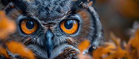 Illustration of a close-up image of an owl's face with big eyes in bright yellow on a tree It can convey wisdom, knowledge, intelligence, mystery,  superstition, nature, forests, wildlife, nighttime.の素材