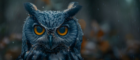 Illustration of a close-up image of an owl's face with big eyes in bright yellow on a tree It can convey wisdom, knowledge, intelligence, mystery,  superstition, nature, forests, wildlife, nighttime.の素材