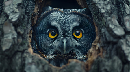 Close-up illustration of a bright yellow big-eyed owl's face on a tree. Owls can convey wisdom, knowledge, intelligence, mystery, black magic, nature, forests, wildlife with space in image for text.の素材