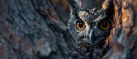 Close-up illustration of a bright yellow big-eyed owl's face on a tree. Owls can convey wisdom, knowledge, intelligence, mystery, black magic, nature, forests, wildlife with space in image for text.の素材