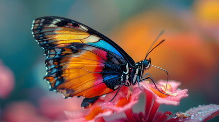Beautiful butterfly on flower petals in colorful and highly detailed illustration. It can be used in lessons about insects, flowers, nature in books or use as wallpaper mobile phone screen, computer.の素材
