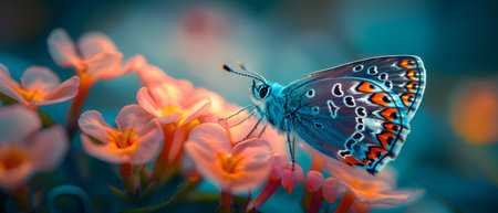 Beautiful butterfly on flower petals in colorful and highly detailed illustration. It can be used in lessons about insects, flowers, nature in books or use as wallpaper mobile phone screen, computer.の素材