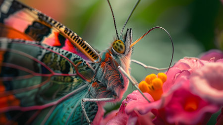 Beautiful butterfly on flower petals in colorful and highly detailed illustration. It can be used in lessons about insects, flowers, nature in books or use as wallpaper mobile phone screen, computer.の素材