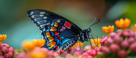 Beautiful butterfly on flower petals in colorful and highly detailed illustration. It can be used in lessons about insects, flowers, nature in books or use as wallpaper mobile phone screen, computer.の素材
