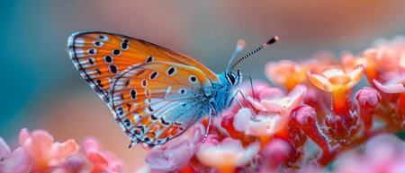 Beautiful butterfly on flower petals in colorful and highly detailed illustration. It can be used in lessons about insects, flowers, nature in books or use as wallpaper mobile phone screen, computer.の素材