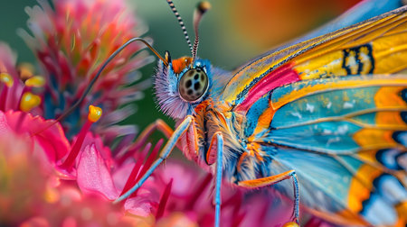 Beautiful butterfly on flower petals in colorful and highly detailed illustration. It can be used in lessons about insects, flowers, nature in books or use as wallpaper mobile phone screen, computer.の素材