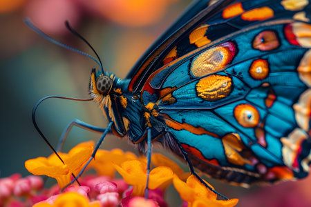 Beautiful butterfly on flower petals in colorful and highly detailed illustration. It can be used in lessons about insects, flowers, nature in books or use as wallpaper mobile phone screen, computer.の素材