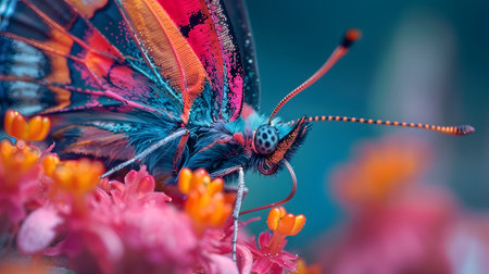 Beautiful butterfly on flower petals in colorful and highly detailed illustration. It can be used in lessons about insects, flowers, nature in books or use as wallpaper mobile phone screen, computer.の素材