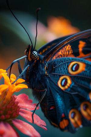 Beautiful butterfly on flower petals in colorful and highly detailed illustration. It can be used in lessons about insects, flowers, nature in books or use as wallpaper mobile phone screen, computer.の素材