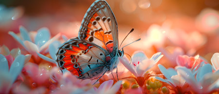 Beautiful butterfly on flower petals in colorful and highly detailed illustration. It can be used in lessons about insects, flowers, nature in books or use as wallpaper mobile phone screen, computer.の素材