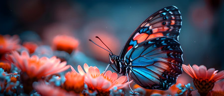 Beautiful butterfly on flower petals in colorful and highly detailed illustration. It can be used in lessons about insects, flowers, nature in books or use as wallpaper mobile phone screen, computer.の素材