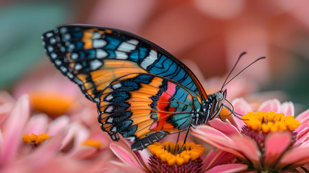 Beautiful butterfly on flower petals in colorful and highly detailed illustration. It can be used in lessons about insects, flowers, nature in books or use as wallpaper mobile phone screen, computer.の素材