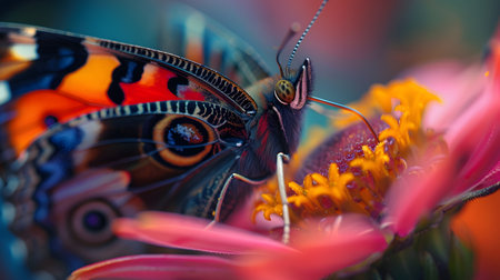 Beautiful butterfly on flower petals in colorful and highly detailed illustration. It can be used in lessons about insects, flowers, nature in books or use as wallpaper mobile phone screen, computer.の素材