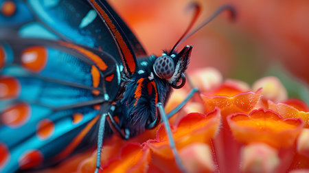 Beautiful butterfly on flower petals in colorful and highly detailed illustration. It can be used in lessons about insects, flowers, nature in books or use as wallpaper mobile phone screen, computer.の素材