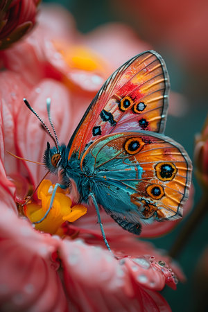 Beautiful butterfly on flower petals in colorful and highly detailed illustration. It can be used in lessons about insects, flowers, nature in books or use as wallpaper mobile phone screen, computer.の素材