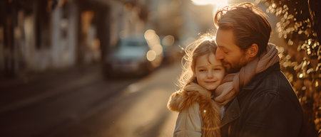 Illustration of a father expressing his love to his daughter in front of his house under the warm morning sun. Used to publicize Father's Day events, activities to promote family relationships.の素材