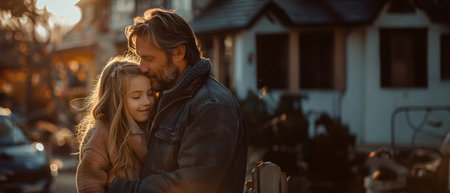 Illustration of a father expressing his love to his daughter in front of his house under the warm morning sun. Used to publicize Father's Day events, activities to promote family relationships.の素材