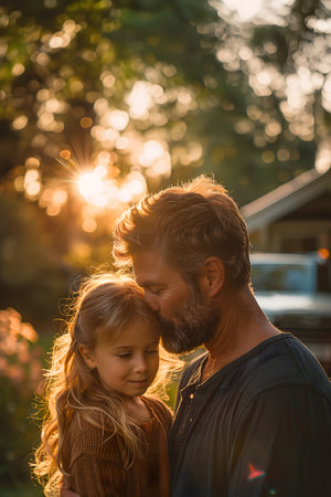 Illustration of a father expressing his love to his daughter in front of his house under the warm morning sun. Used to publicize Father's Day events, activities to promote family relationships.の素材