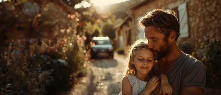 Illustration of a father expressing his love to his daughter in front of his house under the warm morning sun. Used to publicize Father's Day events, activities to promote family relationships.の素材