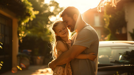 Illustration of a father expressing his love to his daughter in front of his house under the warm morning sun. Used to publicize Father's Day events, activities to promote family relationships.の素材
