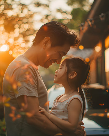 Illustration of a father expressing his love to his daughter in front of his house under the warm morning sun. Used to publicize Father's Day events, activities to promote family relationships.の素材