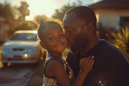 Illustration of a father expressing his love to his daughter in front of his house under the warm morning sun. Used to publicize Father's Day events, activities to promote family relationships.の素材