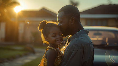 Illustration of a father expressing his love to his daughter in front of his house under the warm morning sun. Used to publicize Father's Day events, activities to promote family relationships.の素材