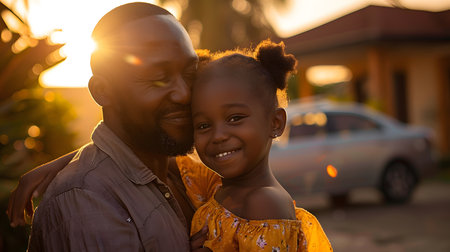 Illustration of a father expressing his love to his daughter in front of his house under the warm morning sun. Used to publicize Father's Day events, activities to promote family relationships.の素材
