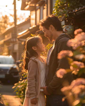 Illustration of a father expressing his love to his daughter in front of his house under the warm morning sun. Used to publicize Father's Day events, activities to promote family relationships.の素材