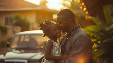 Illustration of a father expressing his love to his daughter in front of his house under the warm morning sun. Used to publicize Father's Day events, activities to promote family relationships.の素材