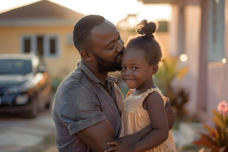 Illustration of a father expressing his love to his daughter in front of his house under the warm morning sun. Used to publicize Father's Day events, activities to promote family relationships.の素材