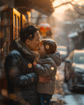 Illustration of father showing his love to his son in front of the house under the warm morning sun. Use it to promote Father's Day activities or presentation projects to promote family relationships.の素材