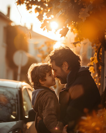 Illustration of father showing his love to his son in front of the house under the warm morning sun. Use it to promote Father's Day activities or presentation projects to promote family relationships.の素材