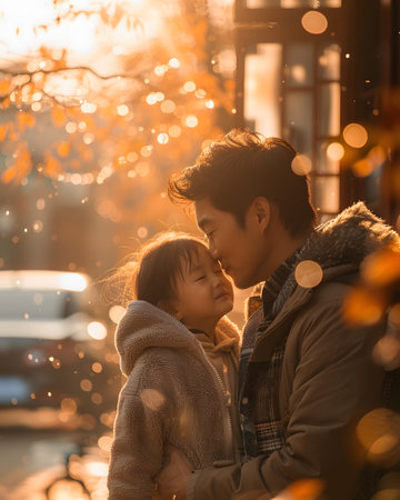 Illustration of father showing his love to his son in front of the house under the warm morning sun. Use it to promote Father's Day activities or presentation projects to promote family relationships.の素材