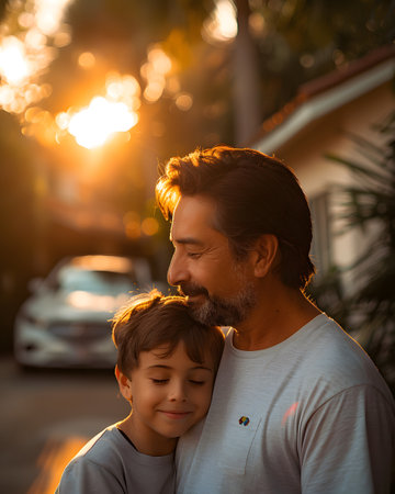 Illustration of father showing his love to his son in front of the house under the warm morning sun. Use it to promote Father's Day activities or presentation projects to promote family relationships.の素材