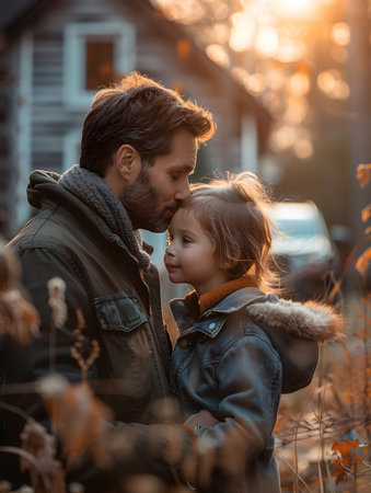 Illustration of father showing his love to his son in front of the house under the warm morning sun. Use it to promote Father's Day activities or presentation projects to promote family relationships.の素材
