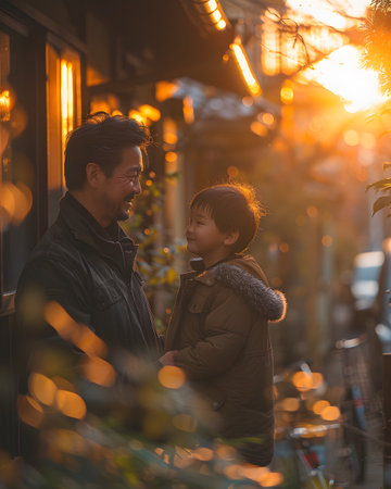Illustration of father showing his love to his son in front of the house under the warm morning sun. Use it to promote Father's Day activities or presentation projects to promote family relationships.の素材