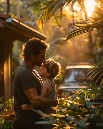 Illustration of father showing his love to his son in front of the house under the warm morning sun. Use it to promote Father's Day activities or presentation projects to promote family relationships.の素材