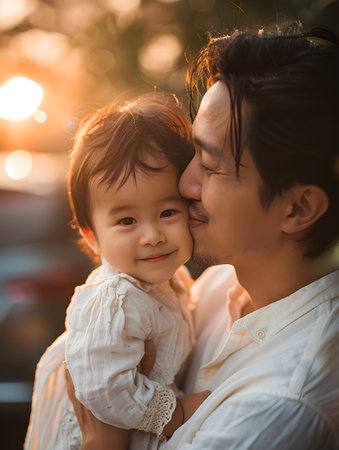 Illustration of father showing his love to his son in front of the house under the warm morning sun. Use it to promote Father's Day activities or presentation projects to promote family relationships.の素材