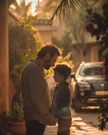 Illustration of father showing his love to his son in front of the house under the warm morning sun. Use it to promote Father's Day activities or presentation projects to promote family relationships.の素材