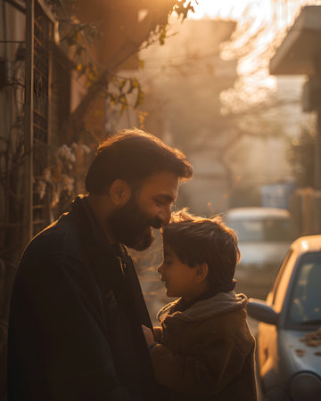 Illustration of father showing his love to his son in front of the house under the warm morning sun. Use it to promote Father's Day activities or presentation projects to promote family relationships.の素材
