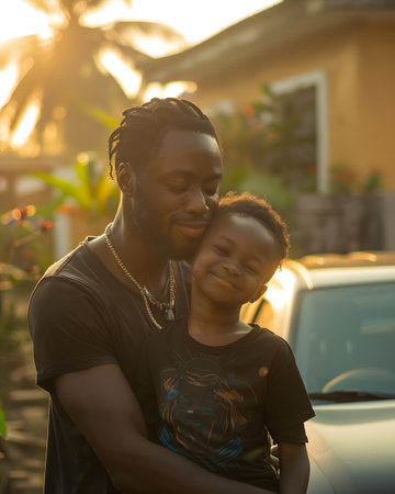 Illustration of father showing his love to his son in front of the house under the warm morning sun. Use it to promote Father's Day activities or presentation projects to promote family relationships.の素材